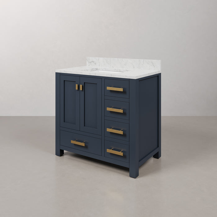 36" Carrara Marble Single Sink Elle Bathroom Vanity in Monarch Blue with Satin Gold Hardware
