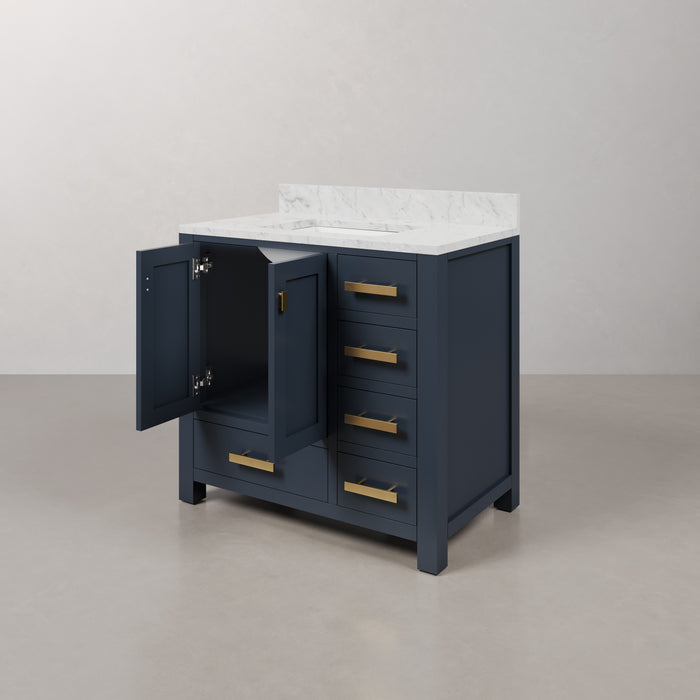 36" Carrara Marble Single Sink Elle Bathroom Vanity in Monarch Blue with Satin Gold Hardware