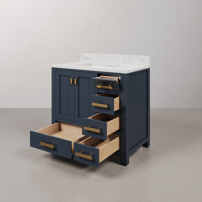 36" Carrara Marble Single Sink Elle Bathroom Vanity in Monarch Blue with Satin Gold Hardware