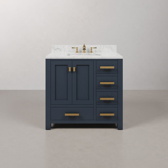 36" Hardwood Foxen Single Sink Bathroom Vanity Monarch Blue with Carrara Marble Top & Satin Gold Hardware