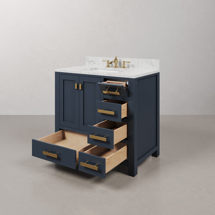 36-Inch Grove Single Sink Marble Vanity Set - Monarch Blue Bath Vanity with Rectangular Mirror & Soft-Close Drawers