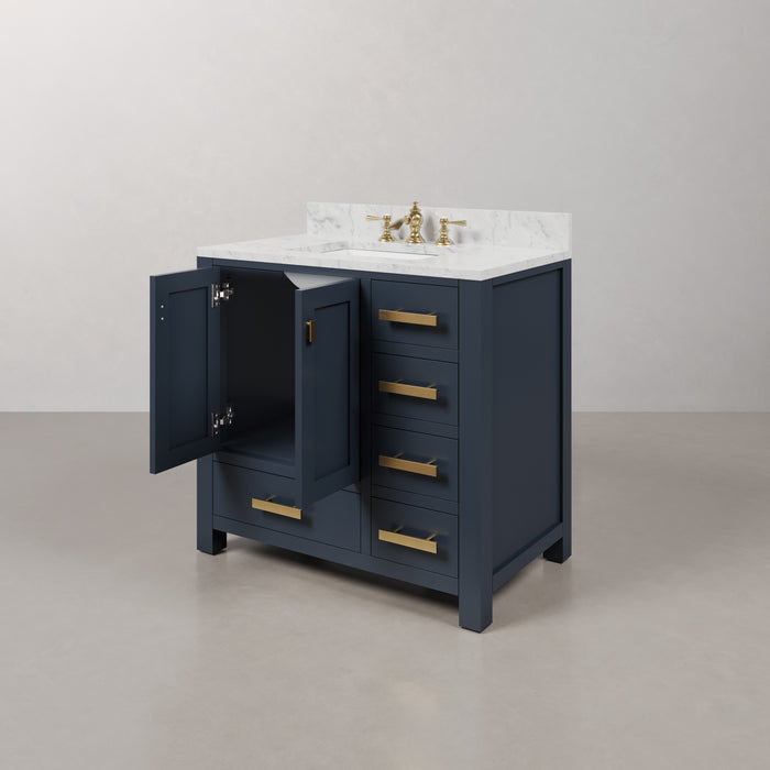 36-Inch Grove Single Sink Marble Vanity Set - Monarch Blue Bath Vanity with Rectangular Mirror & Soft-Close Drawers