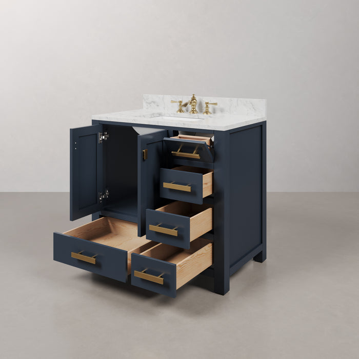 36-Inch Grove Single Sink Marble Vanity Set - Monarch Blue Bath Vanity with Rectangular Mirror & Soft-Close Drawers