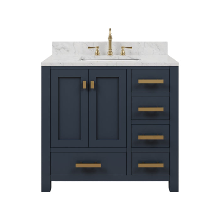 36-Inch Single Sink Sterling Bathroom Vanity Carrara White Marble Top Monarch Blue with Gold Hardware