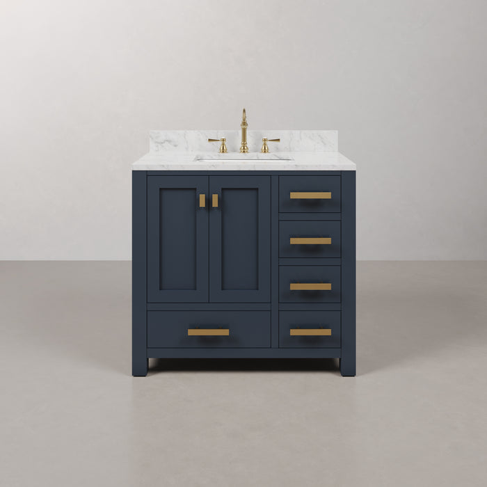 36-Inch Single Sink Sterling Bathroom Vanity Carrara White Marble Top Monarch Blue with Gold Hardware