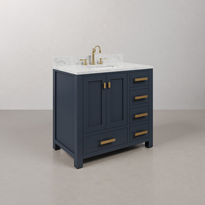 36-Inch Single Sink Sterling Bathroom Vanity Carrara White Marble Top Monarch Blue with Gold Hardware