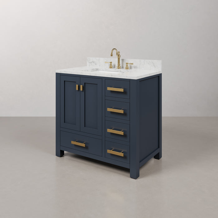 36-Inch Single Sink Sterling Bathroom Vanity Carrara White Marble Top Monarch Blue with Gold Hardware