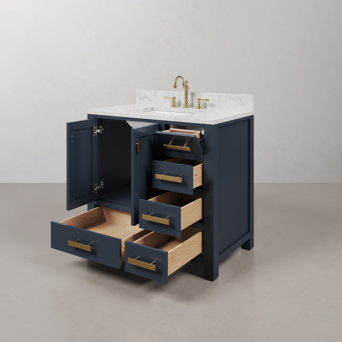 36-Inch Single Sink Sterling Bathroom Vanity Carrara White Marble Top Monarch Blue with Gold Hardware