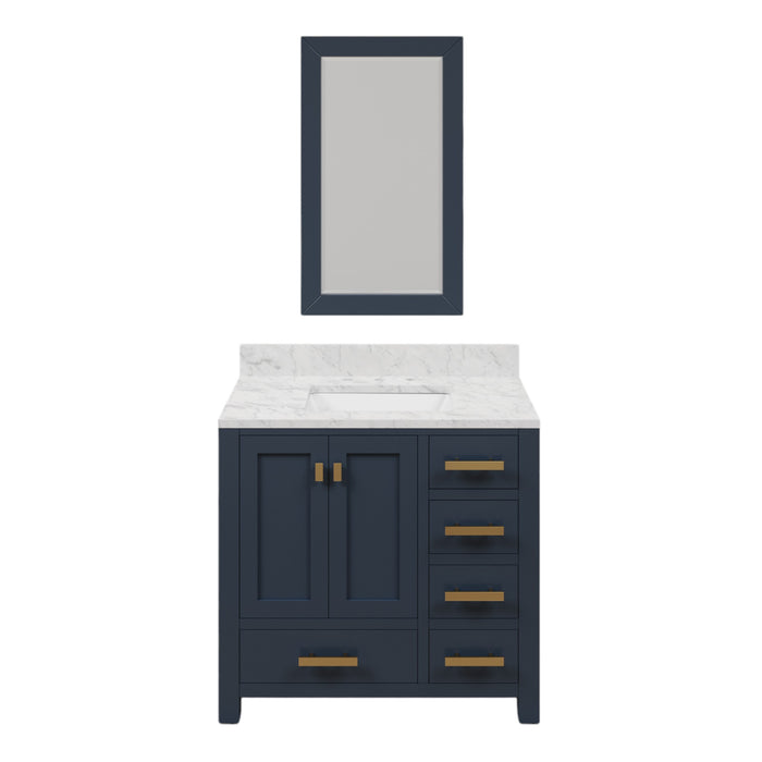 36 Inch Len Freestanding Bathroom Vanity - Monarch Blue Hardwood with Carrara Marble Top & Rectangular Mirror