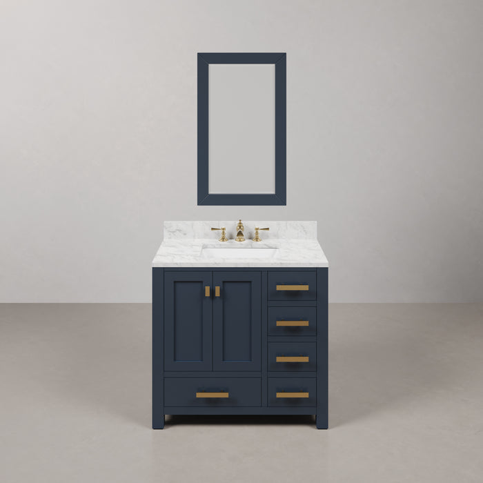 36-Inch Grove Single Sink Marble Vanity Set - Monarch Blue Bath Vanity with Rectangular Mirror & Soft-Close Drawers