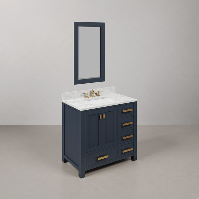 36-Inch Grove Single Sink Marble Vanity Set - Monarch Blue Bath Vanity with Rectangular Mirror & Soft-Close Drawers