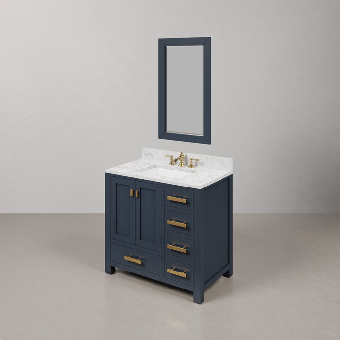 36-Inch Grove Single Sink Marble Vanity Set - Monarch Blue Bath Vanity with Rectangular Mirror & Soft-Close Drawers