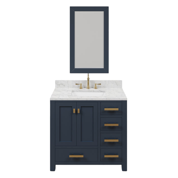 36 Inch Complete Clare Bathroom Vanity Set - Monarch Blue Hardwood Carrara Marble with Satin Gold Faucet & Mirror