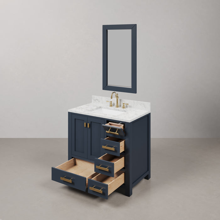 36 Inch Complete Clare Bathroom Vanity Set - Monarch Blue Hardwood Carrara Marble with Satin Gold Faucet & Mirror