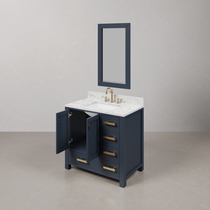 36 Inch Complete Clare Bathroom Vanity Set - Monarch Blue Hardwood Carrara Marble with Satin Gold Faucet & Mirror