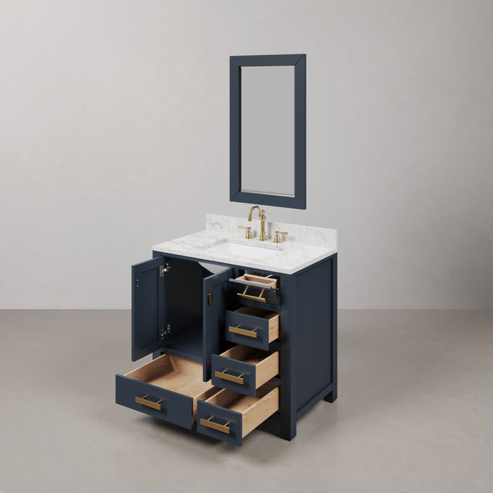 36 Inch Complete Clare Bathroom Vanity Set - Monarch Blue Hardwood Carrara Marble with Satin Gold Faucet & Mirror