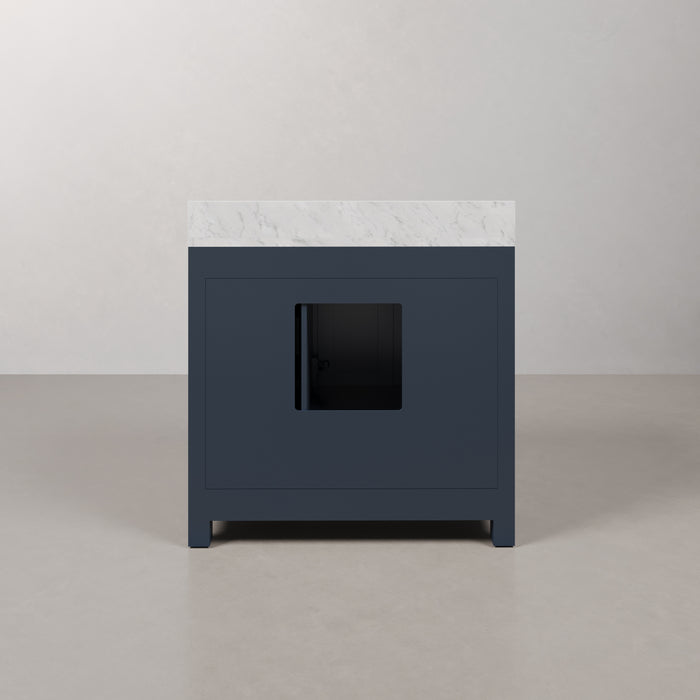36 Inch Len Freestanding Bathroom Vanity - Monarch Blue Hardwood with Carrara Marble Top & Rectangular Mirror
