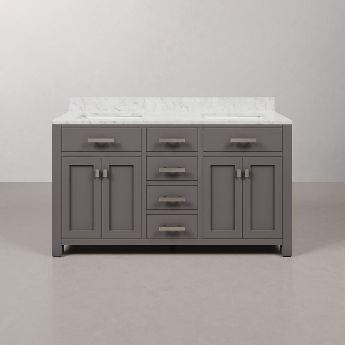 60 Inch Beck Double Sink Cashmere Grey Vanity with Carrara White Marble Top & Soft Close Drawers