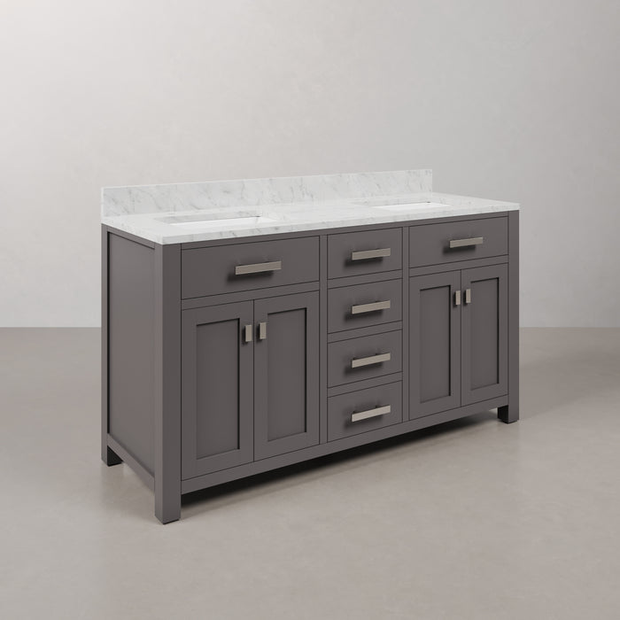 60 Inch Beck Double Sink Cashmere Grey Vanity with Carrara White Marble Top & Soft Close Drawers