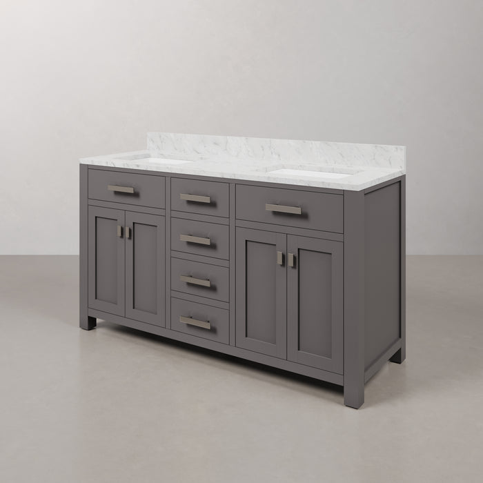 60 Inch Beck Double Sink Cashmere Grey Vanity with Carrara White Marble Top & Soft Close Drawers