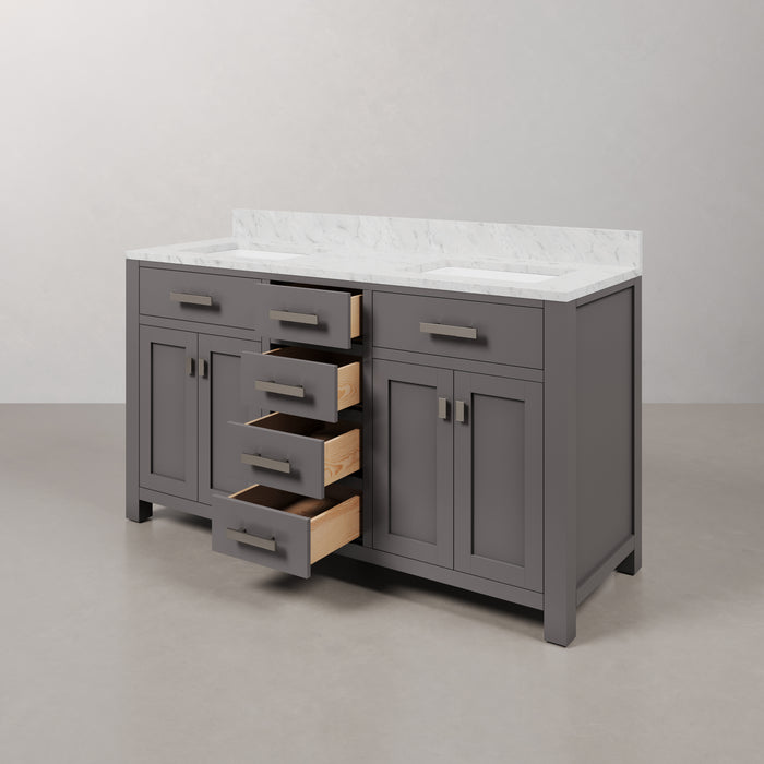 60 Inch Wind Double Sink Vanity in Cashmere Grey - Carrara Marble Top with Chrome Hardware & Rectangular Mirrors