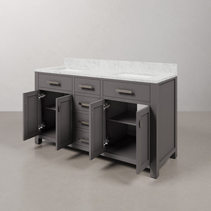 60 Inch Wind Double Sink Vanity in Cashmere Grey - Carrara Marble Top with Chrome Hardware & Rectangular Mirrors