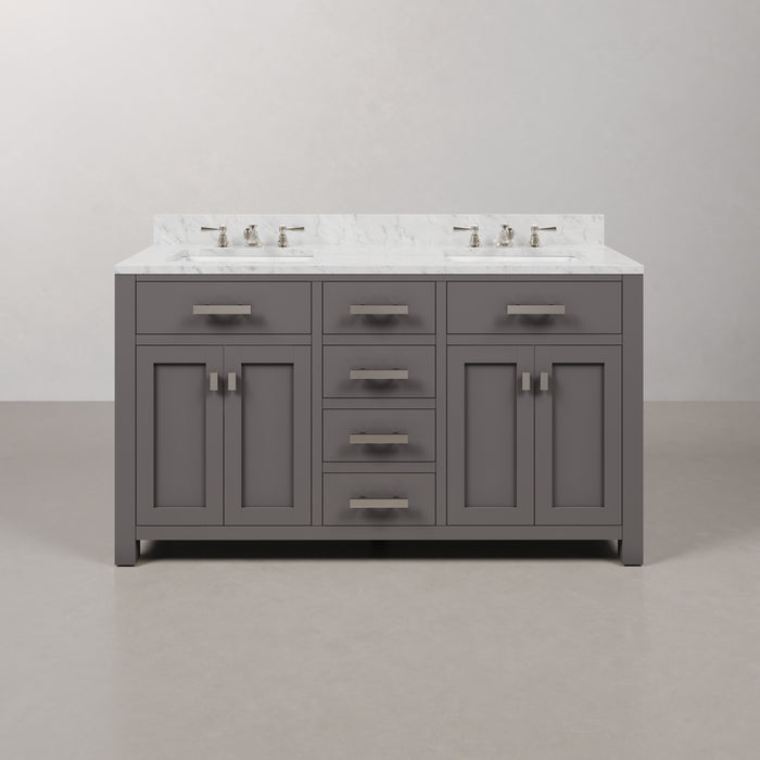 60 Inch Cashmere Grey Double Sink Ever Bathroom Vanity Carrara White Marble Chrome Faucets Included