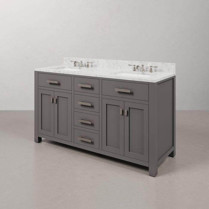 60 Inch Cashmere Grey Double Sink Ever Bathroom Vanity Carrara White Marble Chrome Faucets Included