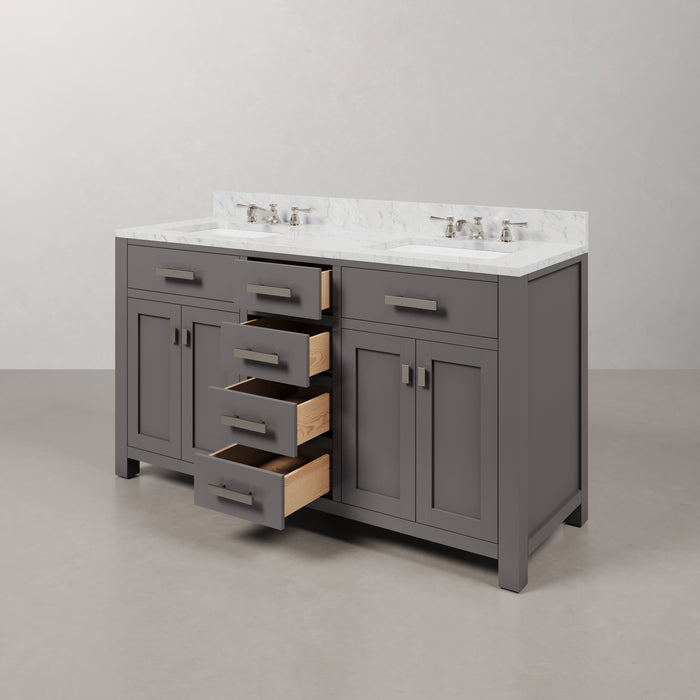 60 Inch Cashmere Grey Double Sink Ever Bathroom Vanity Carrara White Marble Chrome Faucets Included