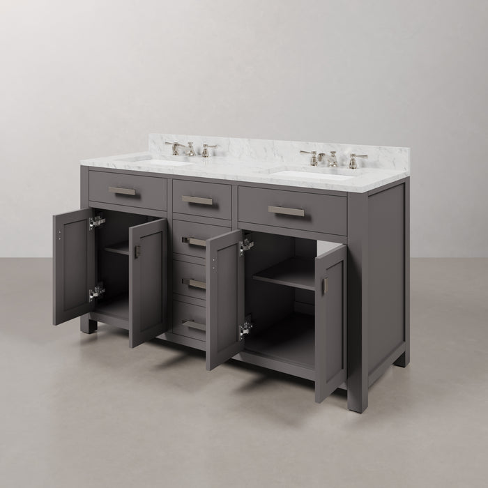 60 Inch Cashmere Grey Double Sink Ever Bathroom Vanity Carrara White Marble Chrome Faucets Included