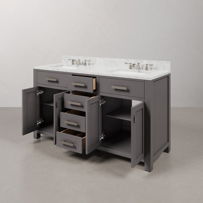 60 Inch Cashmere Grey Double Sink Ever Bathroom Vanity Carrara White Marble Chrome Faucets Included