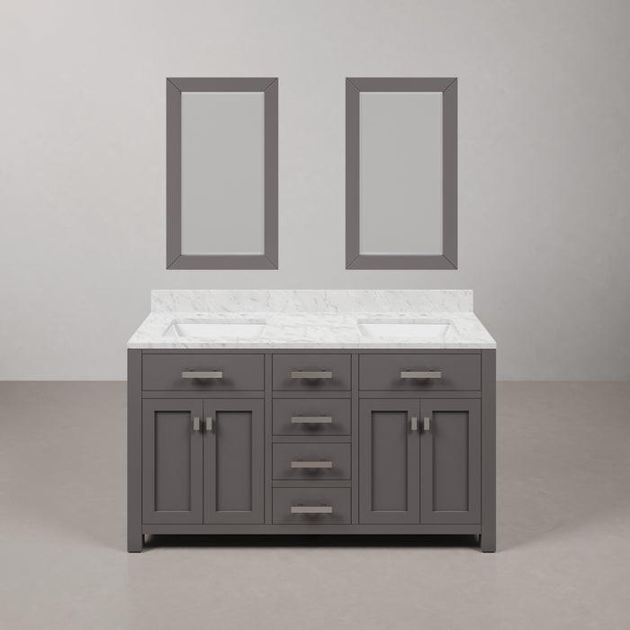 60 Inch Wind Double Sink Vanity in Cashmere Grey - Carrara Marble Top with Chrome Hardware & Rectangular Mirrors