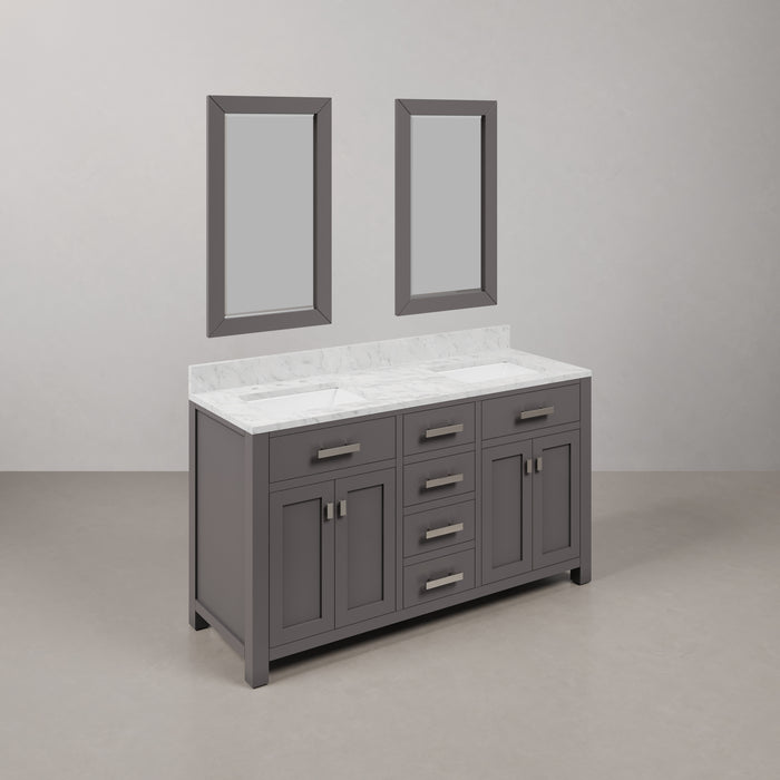 60 Inch Wind Double Sink Vanity in Cashmere Grey - Carrara Marble Top with Chrome Hardware & Rectangular Mirrors