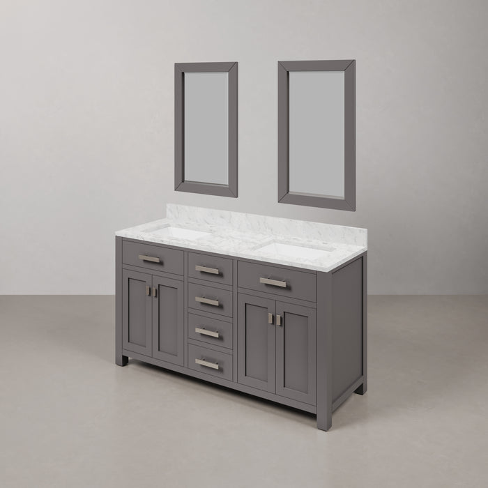 60 Inch Wind Double Sink Vanity in Cashmere Grey - Carrara Marble Top with Chrome Hardware & Rectangular Mirrors