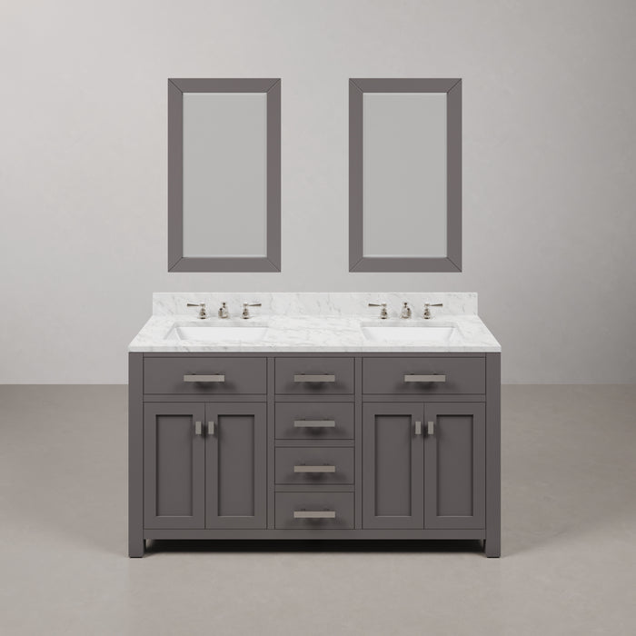 60 Inch Carrara White Marble Vanity Set - Drift Double Sink with Faucets & Mirrors
