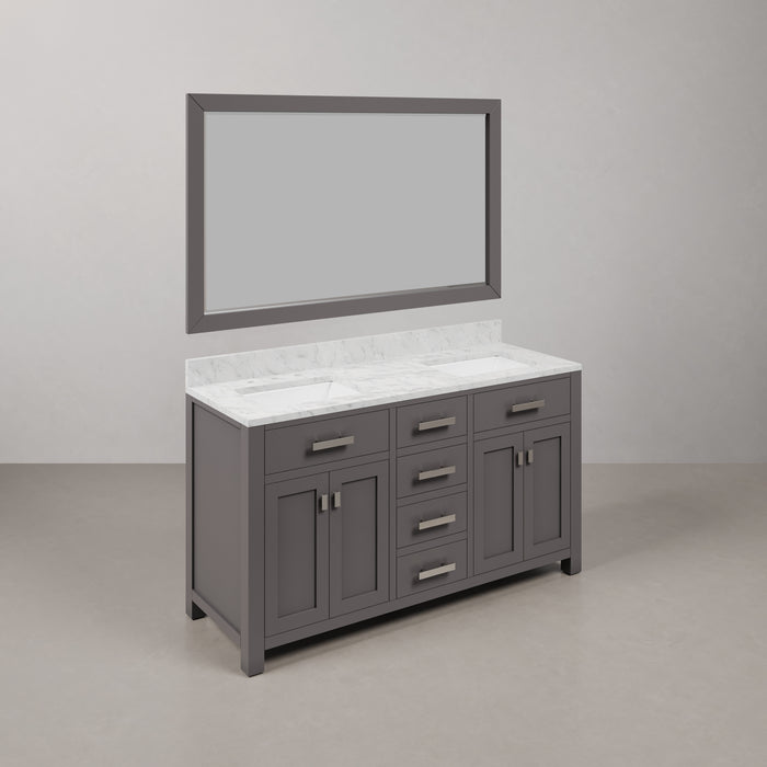 60 Inch Carrara White Marble Double Sink Thorn Bathroom Vanity Cashmere Grey with Rectangular Mirror and Backsplash