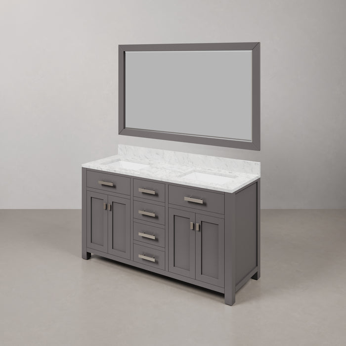 60 Inch Carrara White Marble Double Sink Thorn Bathroom Vanity Cashmere Grey with Rectangular Mirror and Backsplash