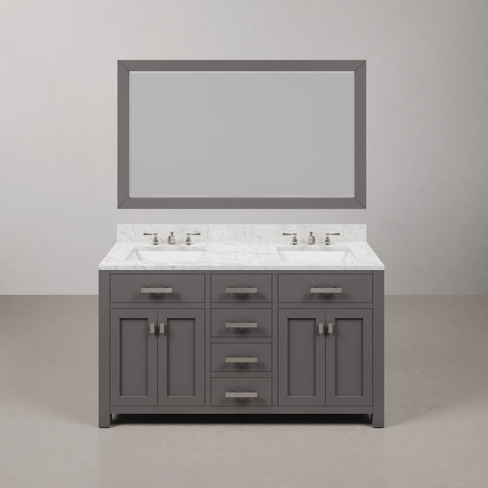 60" Carrara White Marble Syl Vanity Set Double Undermount Sinks Cashmere Grey with Chrome Faucets & Mirror