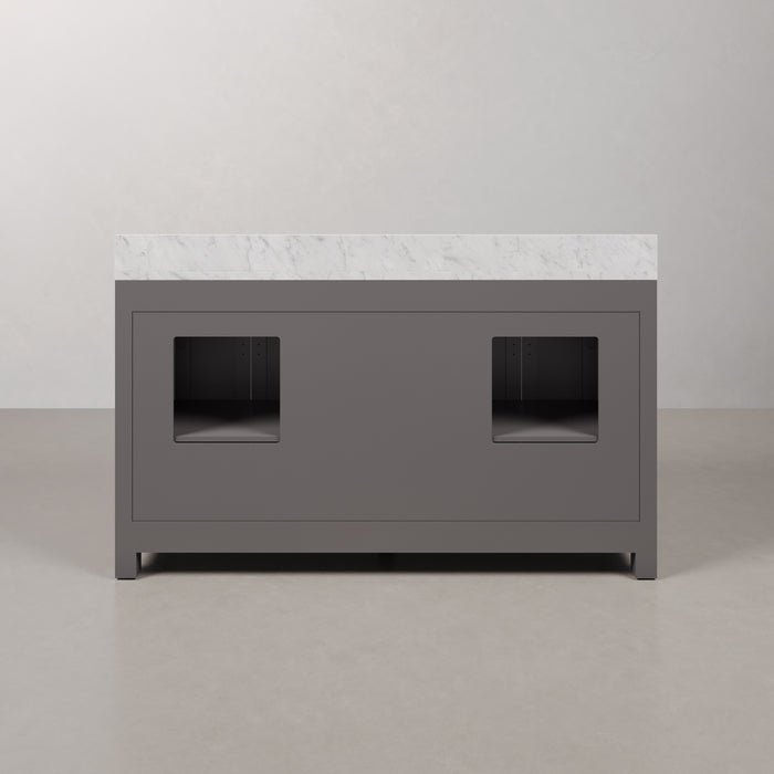 60 Inch Cashmere Grey Double Sink Ever Bathroom Vanity Carrara White Marble Chrome Faucets Included