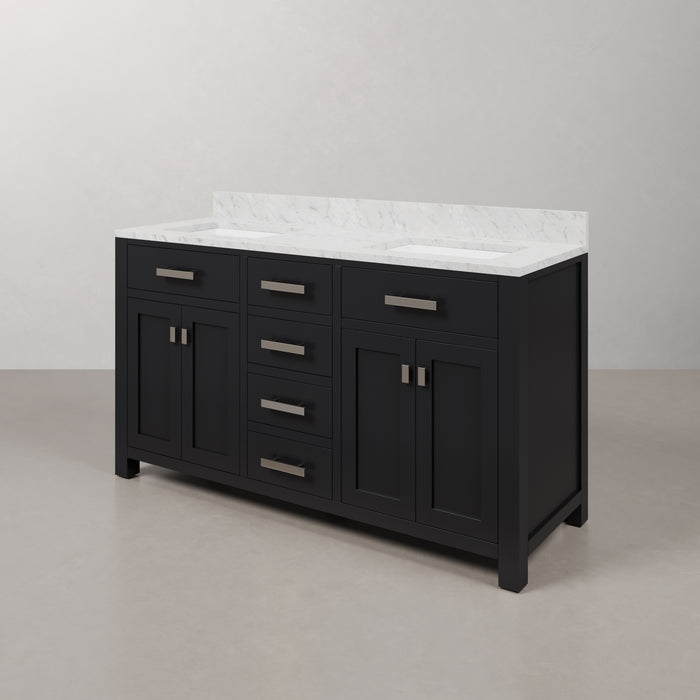 60 Inch Sky Espresso Double Vanity with Carrara White Marble Countertop and Soft Close Drawers