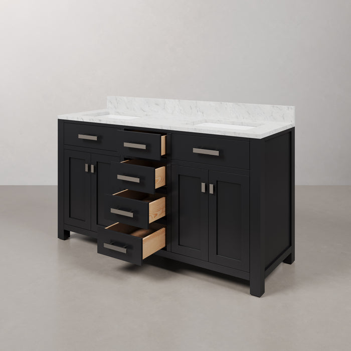 60 Inch Ren Espresso Double Sink Vanity with Carrara White Marble Countertop and Mirror