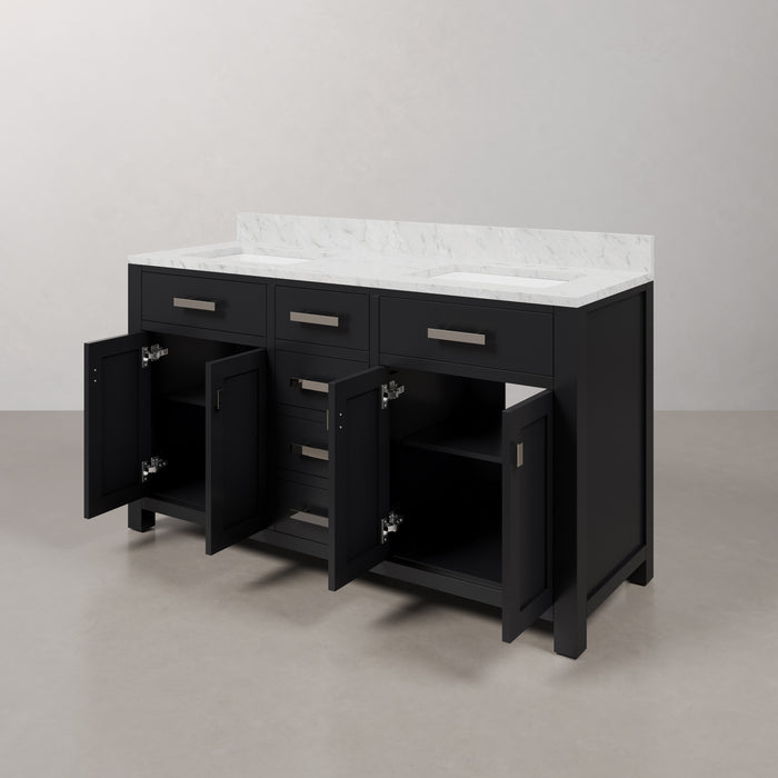 60 Inch Wind spresso Hardwood Double Vanity Carrara Marble Countertop Rectangular Mirrors Included