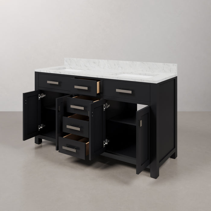 60 Inch Wind spresso Hardwood Double Vanity Carrara Marble Countertop Rectangular Mirrors Included
