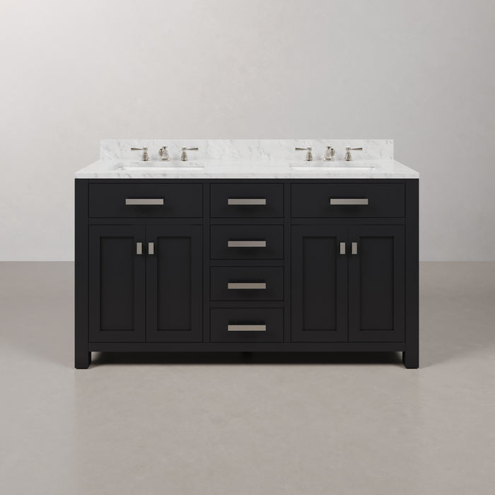 60-Inch King Espresso Bathroom Vanity - Double Sink Carrara White Marble Countertop with Chrome Faucets
