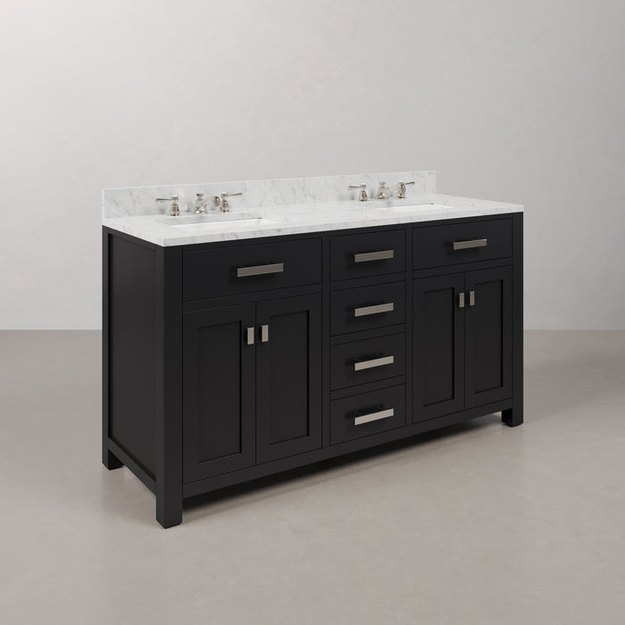 60-Inch King Espresso Bathroom Vanity - Double Sink Carrara White Marble Countertop with Chrome Faucets