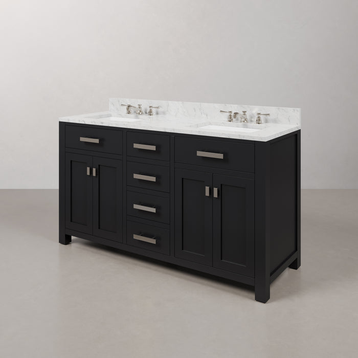 60-Inch King Espresso Bathroom Vanity - Double Sink Carrara White Marble Countertop with Chrome Faucets