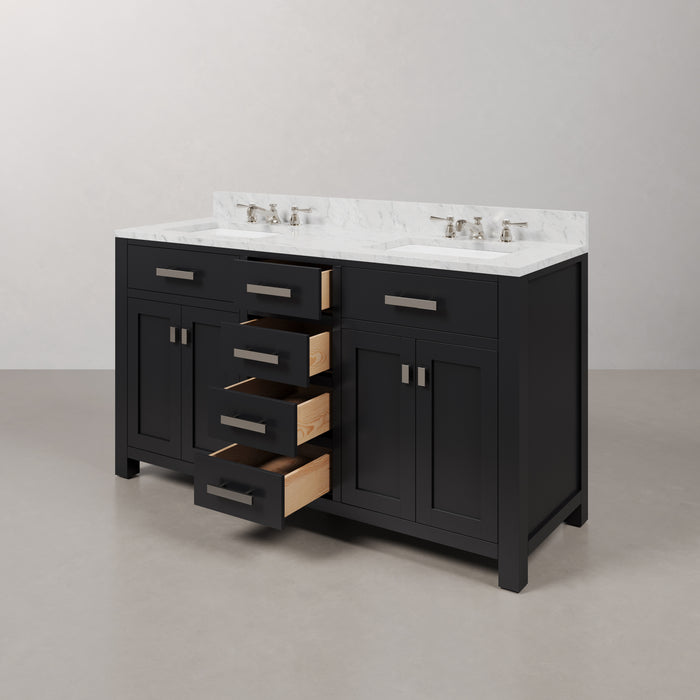 60-Inch King Espresso Bathroom Vanity - Double Sink Carrara White Marble Countertop with Chrome Faucets