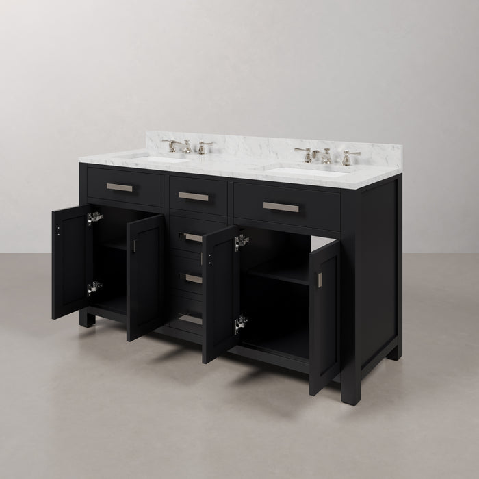 60-inch Strat Espresso Double Sink Vanity Set Carrara White Marble Chrome Faucets Mirrors Included
