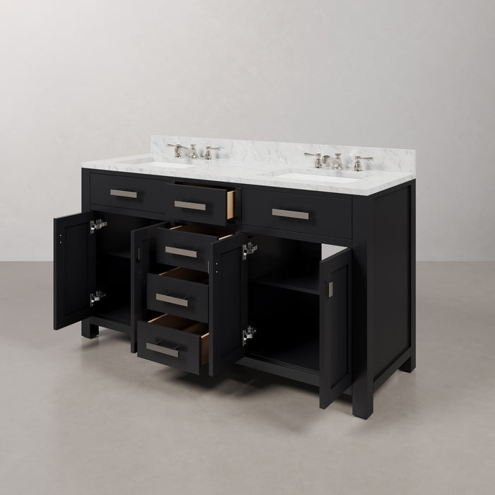 60" Win Espresso Bathroom Vanity Set - Double Sink Carrara Marble with Mirror and Faucets