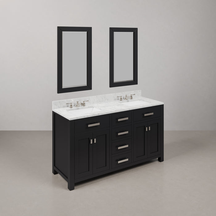 60-inch Strat Espresso Double Sink Vanity Set Carrara White Marble Chrome Faucets Mirrors Included